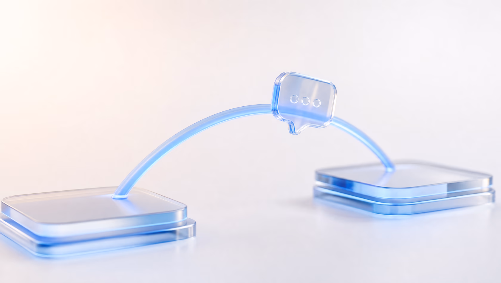 Glass-style 3D illustration of a message bridge connecting two platforms — senderZ Migration Concierge