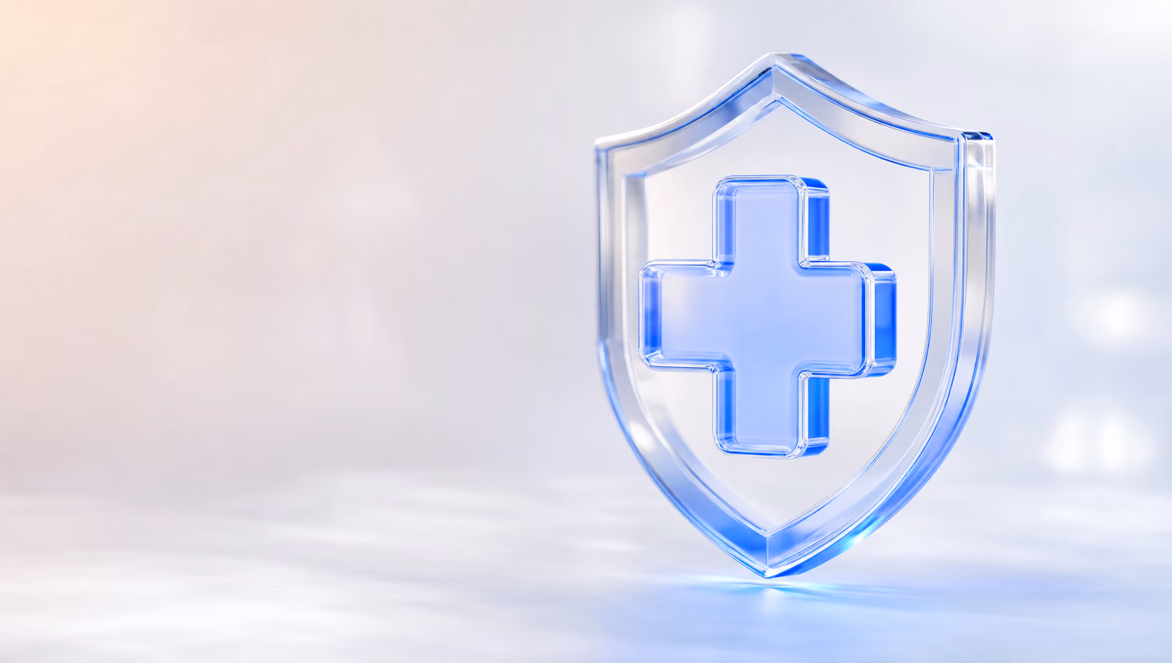 Glass-style 3D illustration of a shield with a medical cross — senderZ healthcare patient messaging
