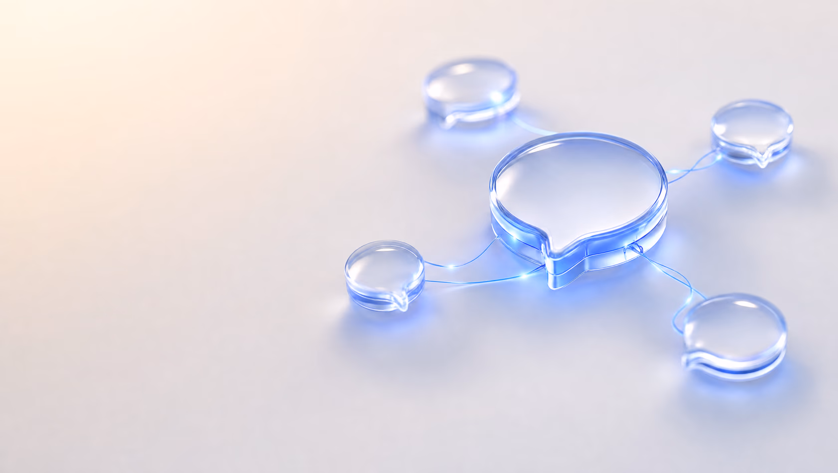 Glass-style 3D illustration of a central message bubble networked to satellite bubbles — senderZ AI Agents solution