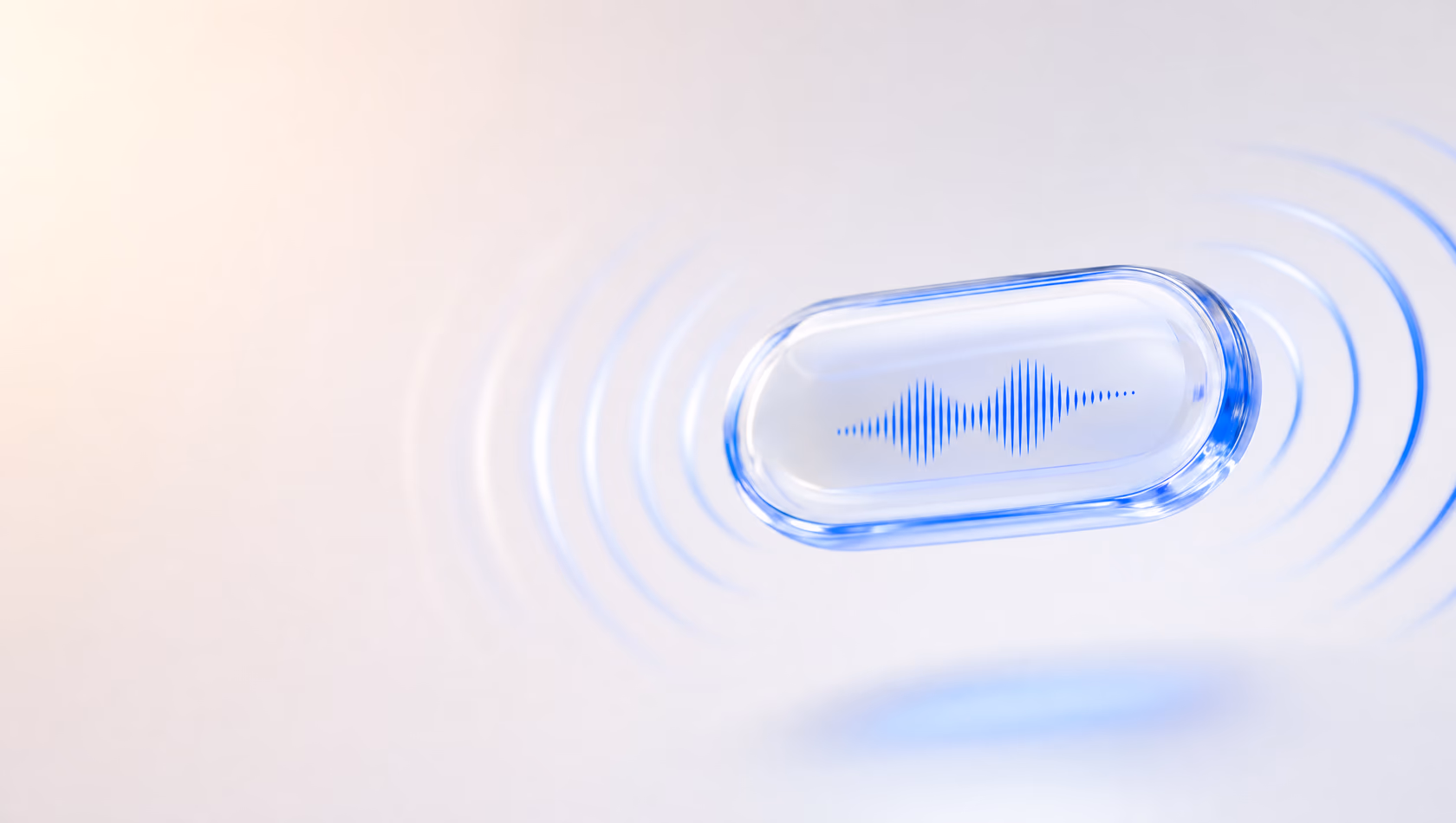 Glass-style 3D illustration of a sound-wave capsule with concentric ripples — senderZ AI Voice
